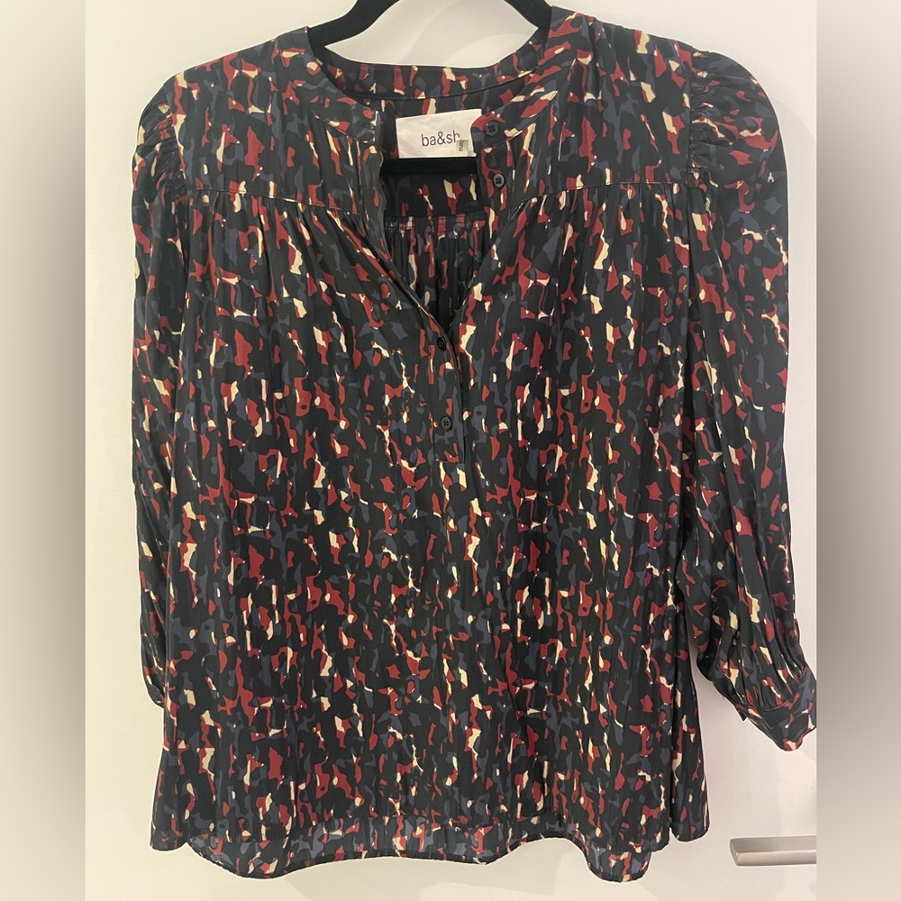 Ba&sh Black and Orange Graphic Blouse with Mandarin Collar